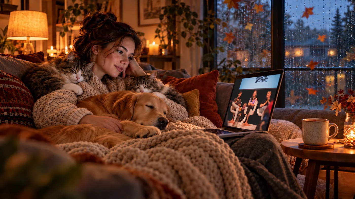 Frau mit ihren Katzen und Hund unter einer Kuscheldecke auf dem Sofa, auf dem Laptop läuft das Online-Event